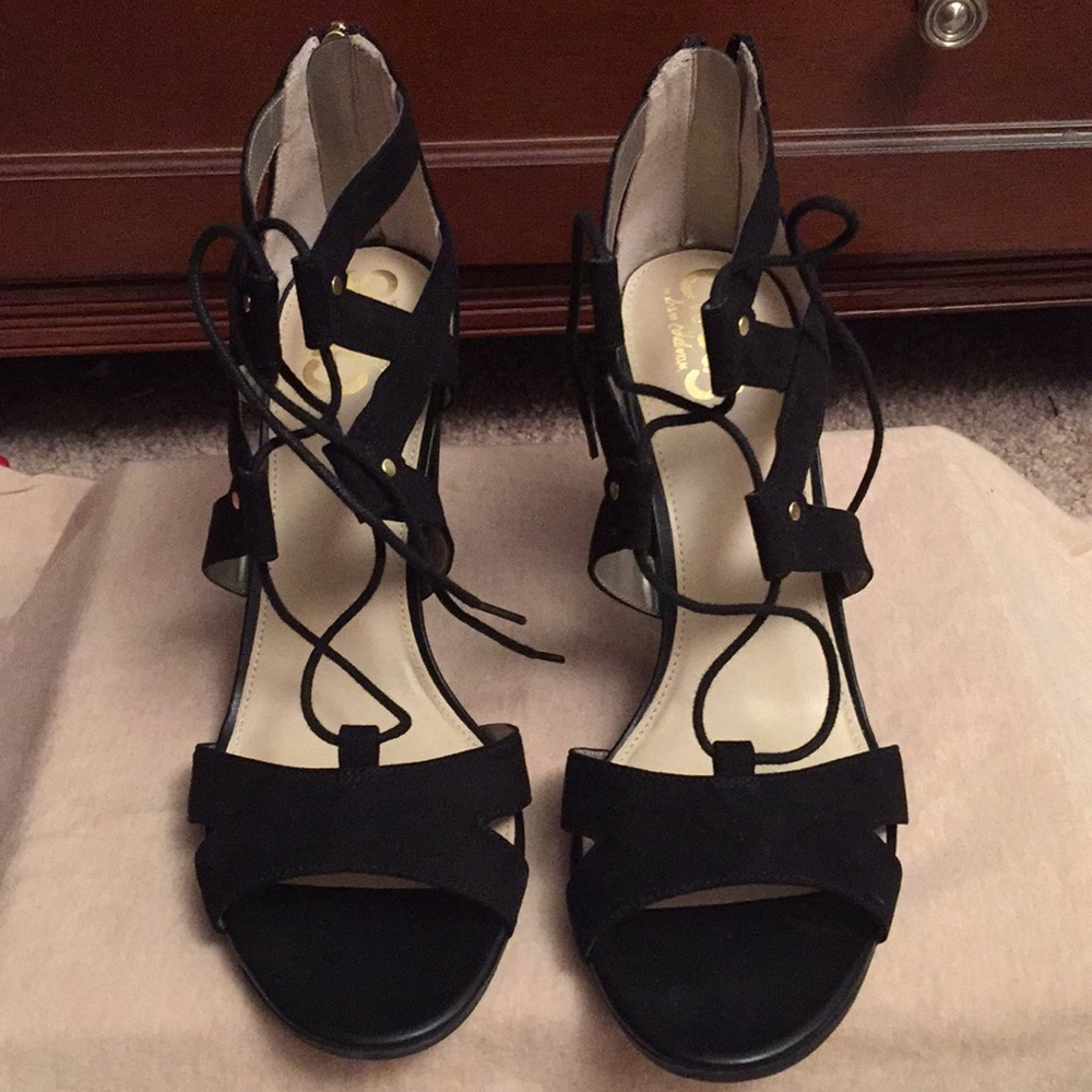 Beautiful black suede string up ankle sandals, 9.5